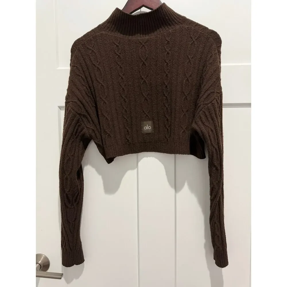 Alo Yoga Cable Knit Cropped Winter Bliss Sweater Espresso Size XS Cozy